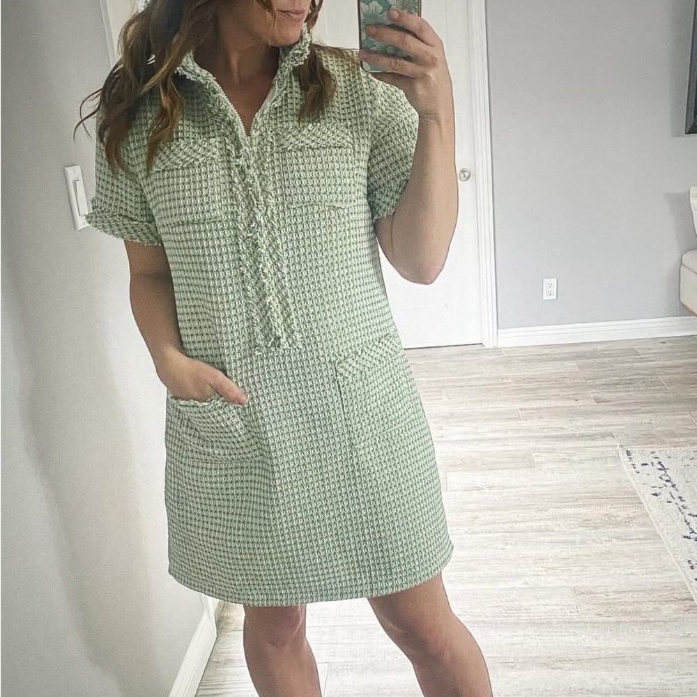 Green and White Ruffled Puff Sleeve Mini Dress